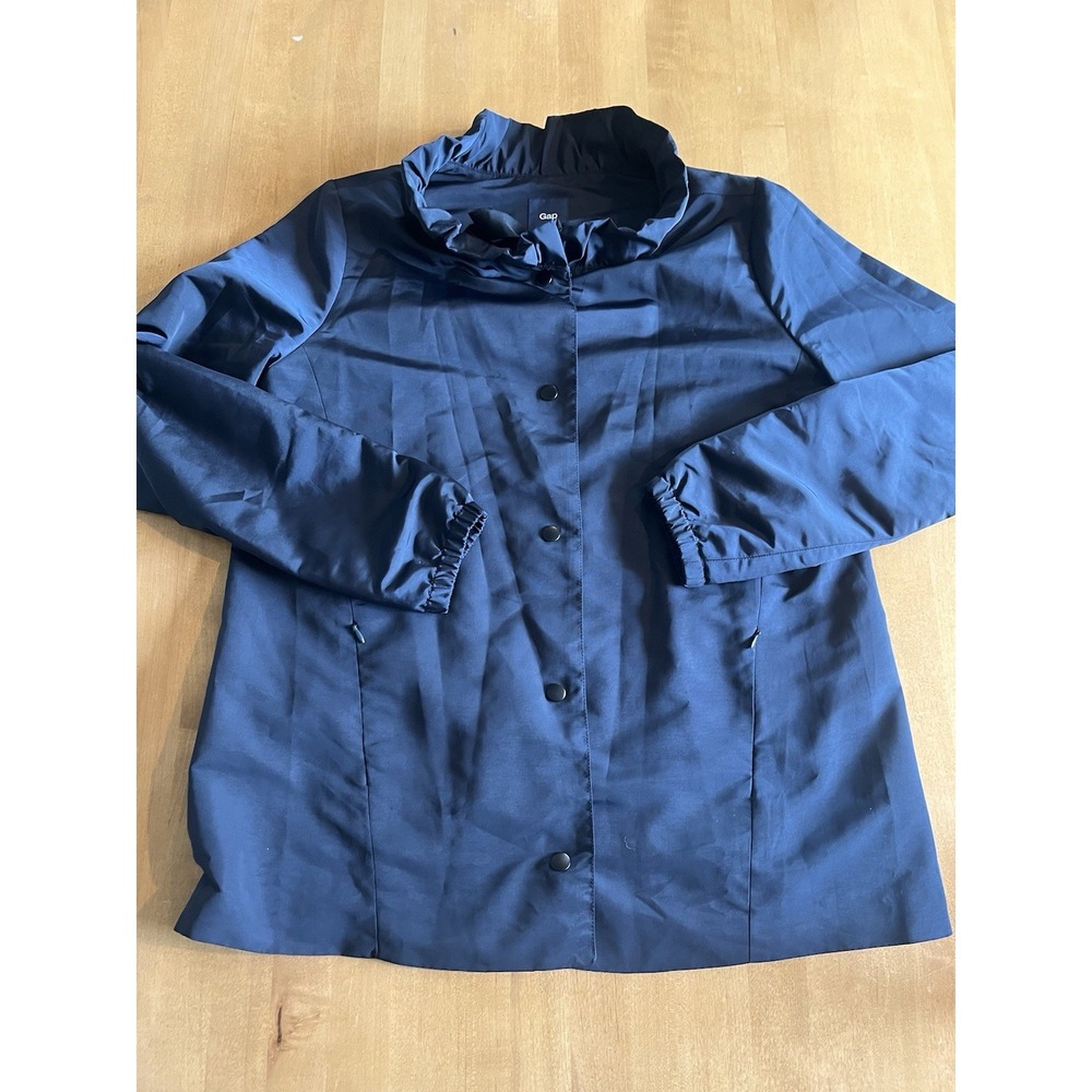 Gap Women's Ruffle Button Jacket Mid-Length Lined Solid Sz M Medium Black Coat